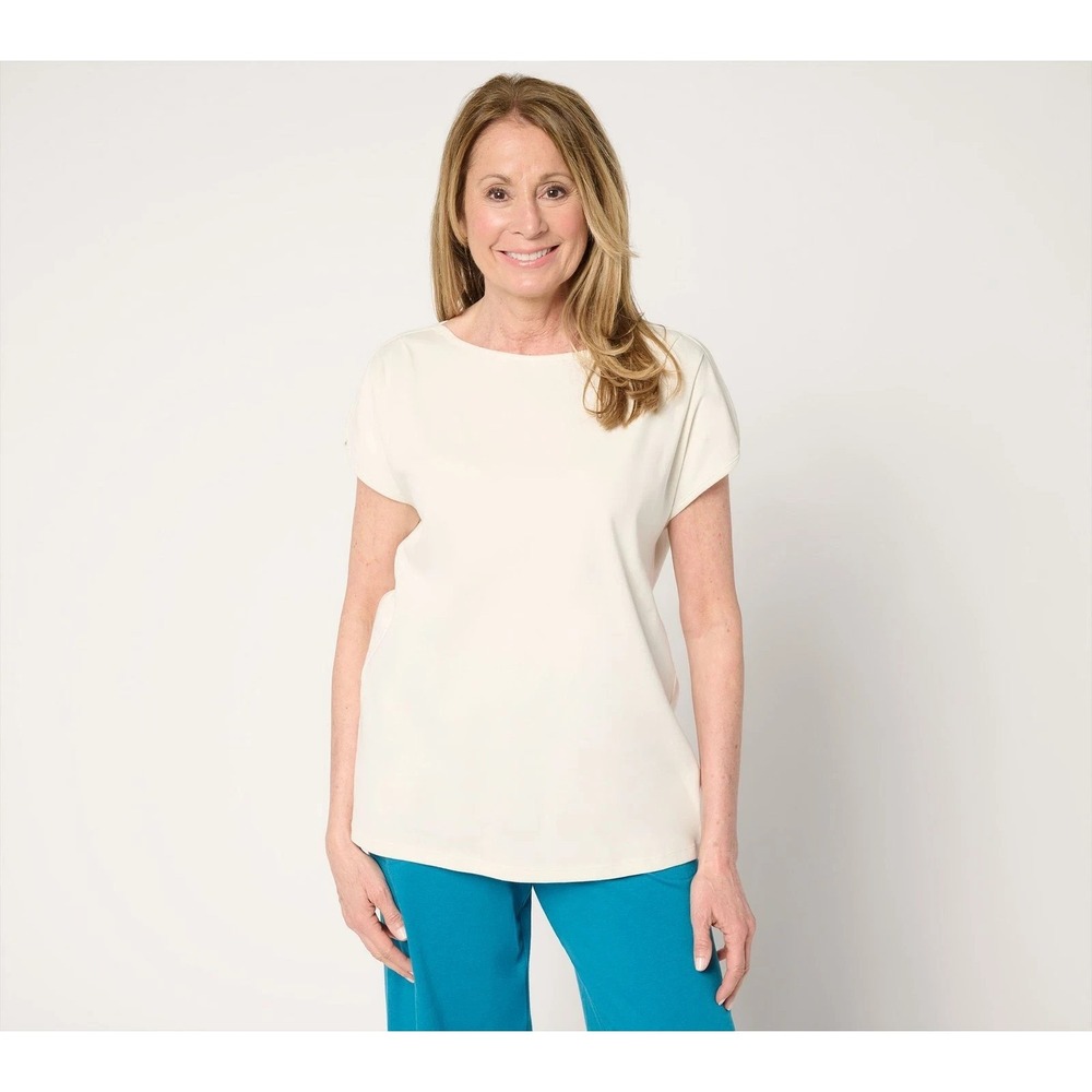 Denim & Co. Essentials 100% Cotton Rib Boatneck Dolman Top Natural L #514T